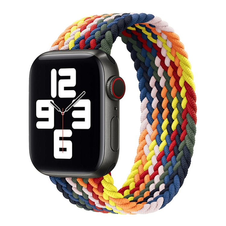 Rainbow braided single-loop watchband on a square smartwatch with metal pin ends