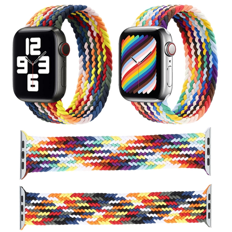 Set of rainbow braided single-loop watchbands showing front, side, and flat views