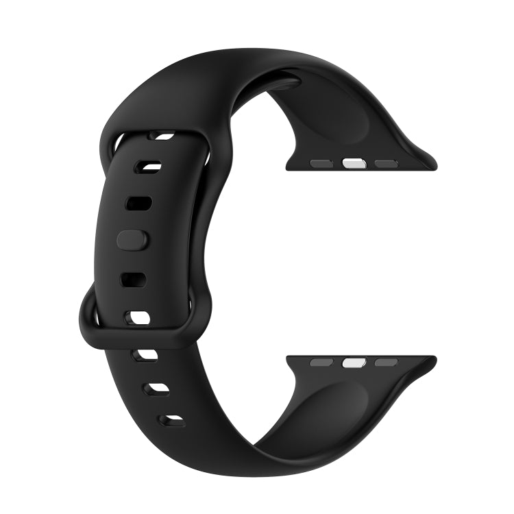 Silicone Apple Watch band, black, front angle showing clasp and perforation rows