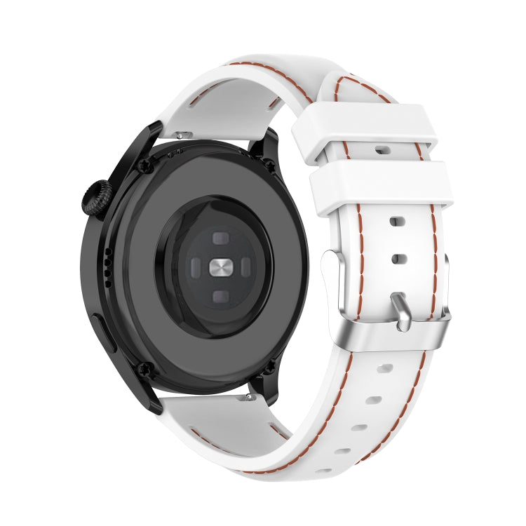 22mm silicone watch strap in white with orange stitching and silver buckle on smartwatch