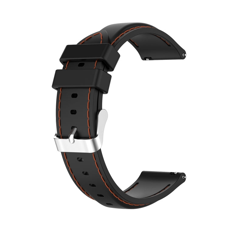 22mm silicone watch strap in black with orange stitching and silver buckle