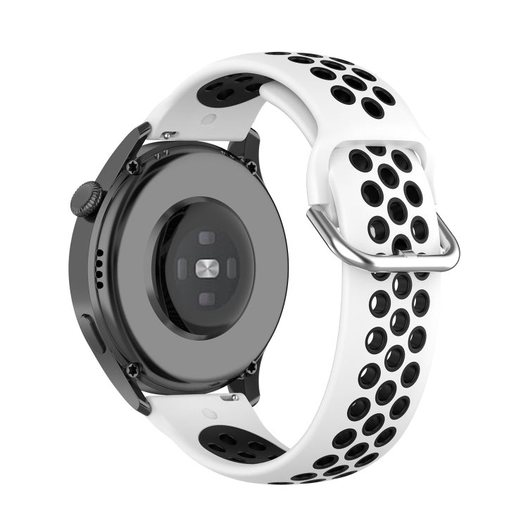 22mm sport silicone watch strap, black with white perforations and metal clasp