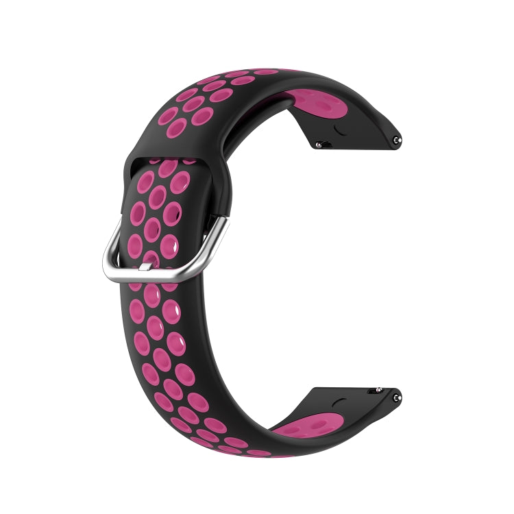 Two-color silicone watch strap, black with pink dot pattern and metal buckle, 22mm.