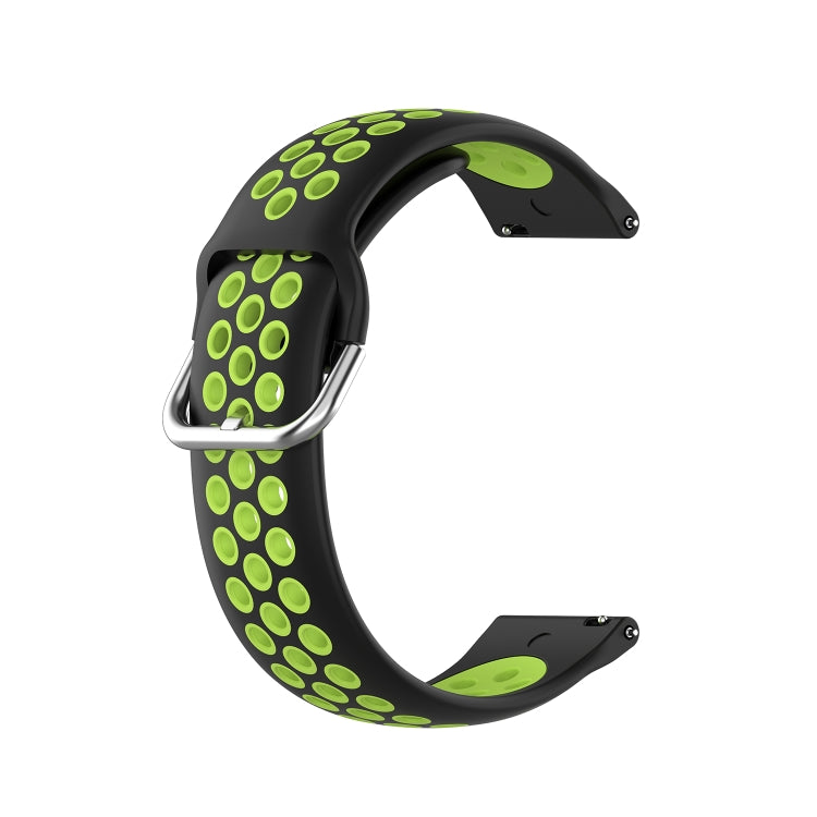 Two-color silicone watch strap, black with lime green dot pattern and metal buckle, 22mm.