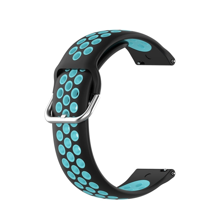 Two-color silicone watch strap, black with light blue dot pattern and metal buckle, 22mm.