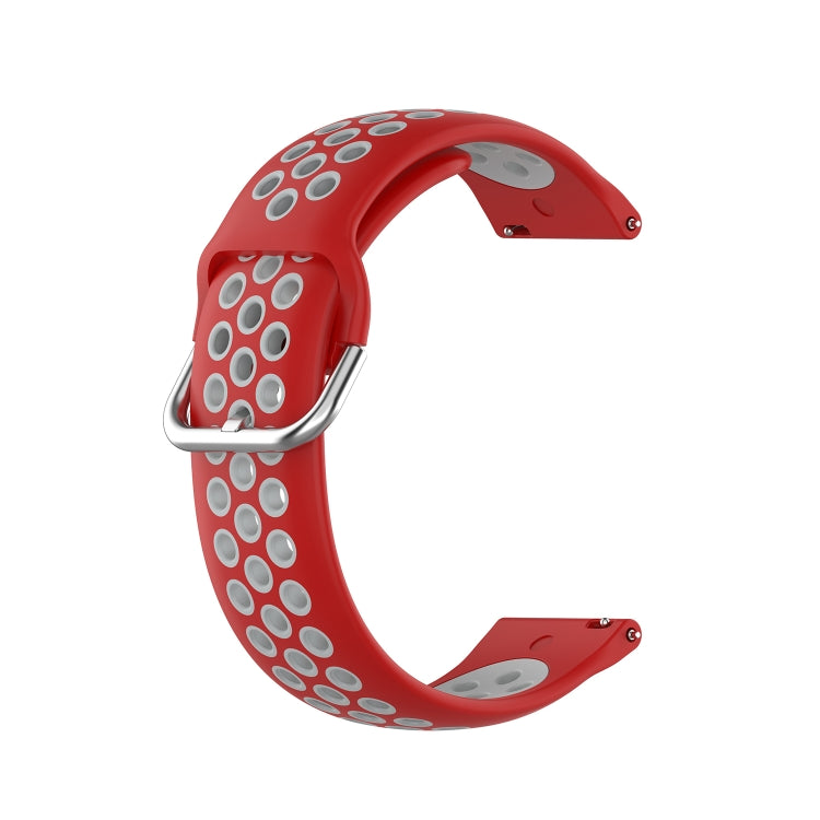 Two-color silicone watch strap, red with silver dot pattern and metal buckle, 22mm.