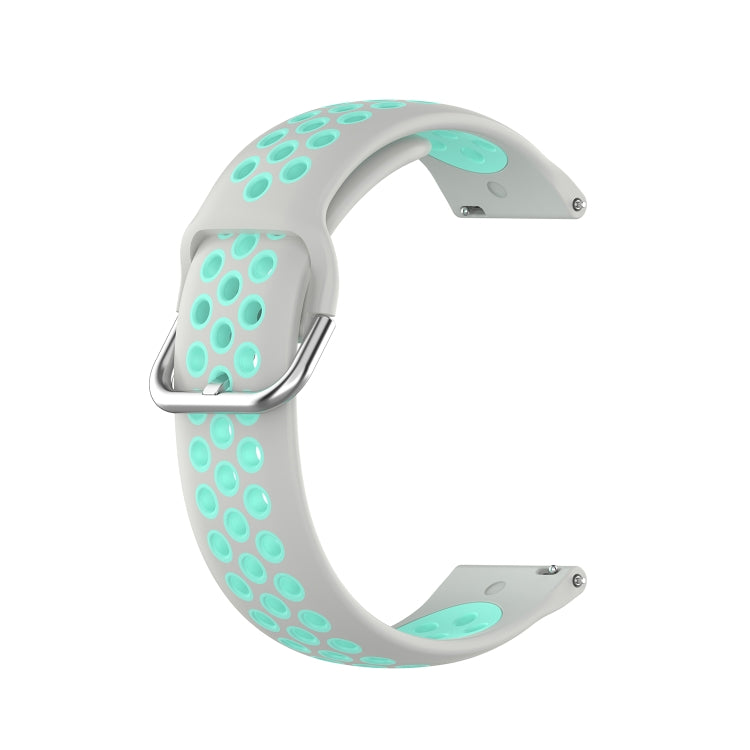 Two-color silicone watch strap, white with mint green dot pattern and metal buckle, 22mm.