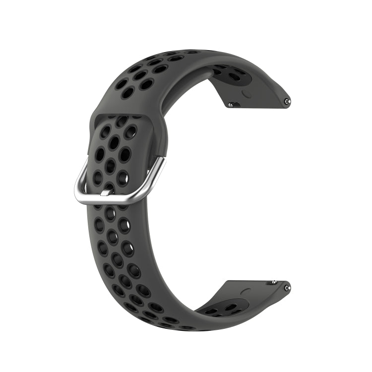 Two-color silicone watch strap, dark gray with black dot pattern and metal buckle, 22mm.
