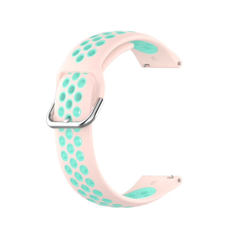 Two-color silicone watch strap, light pink with teal dot pattern and metal buckle, 22mm.