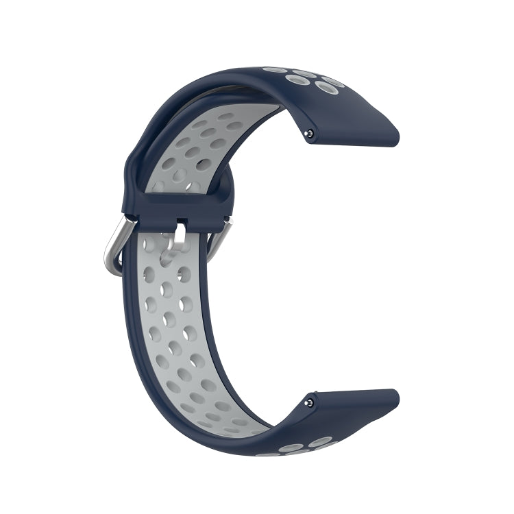 Two-color silicone watch strap, navy with light gray perforated detail and metal buckle, 22mm.