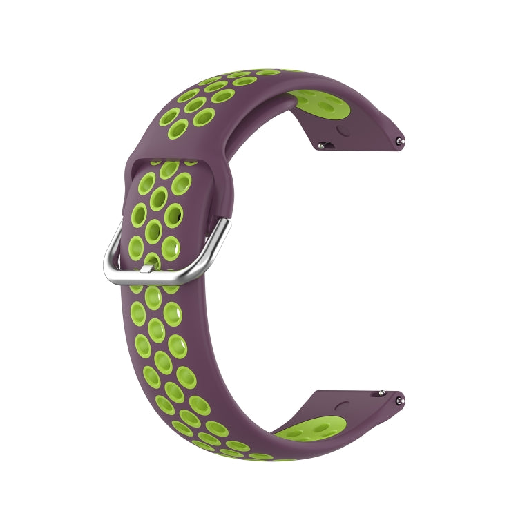 Two-color silicone watch strap, purple with lime green dot pattern and metal buckle, 22mm.