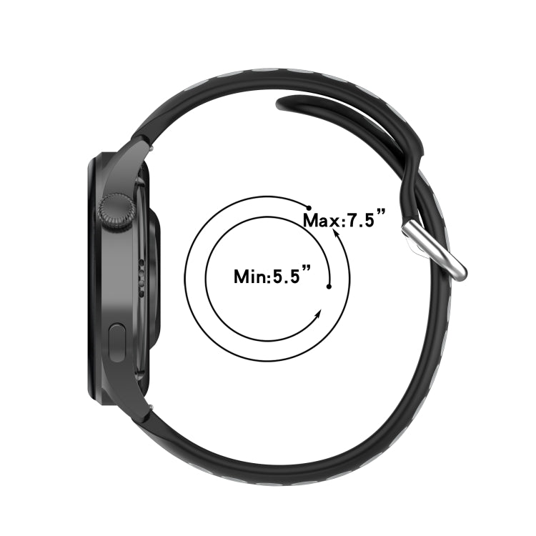 Black silicone watch strap with size adjustment range marked 5.5–7.5.