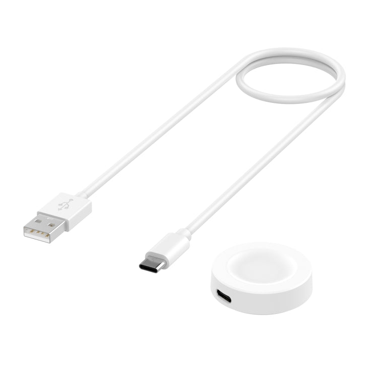 White magnetic smartwatch charger cable with USB-A plug, USB-C end, and round charging base
