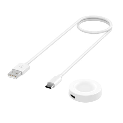 White magnetic smartwatch charger cable with USB-A plug, USB-C end, and round charging base