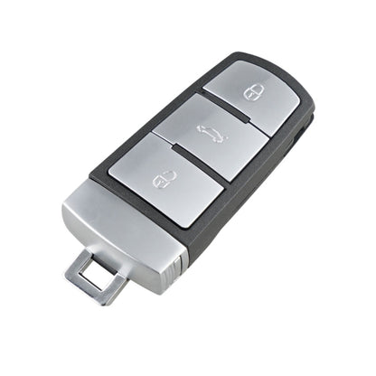 Black 3-button car remote key fob with silver buttons and metal key blade