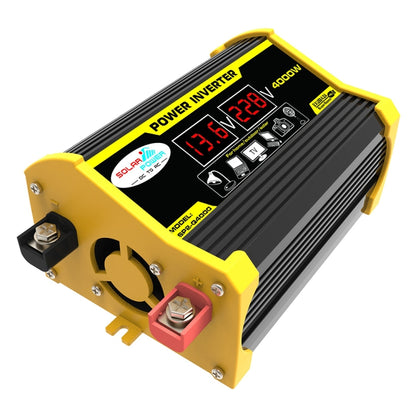 Yellow and black power inverter with LCD display and cooling vents