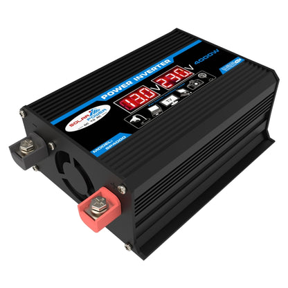Black car power inverter with blue branding stripe and red LED voltage display