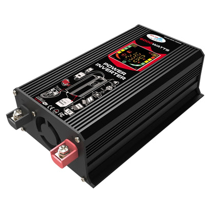 Black car power inverter with LCD control panel and dual DC terminals