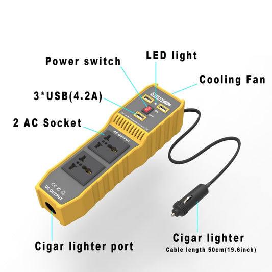 Yellow car power inverter with power switch, LED light, cooling fan, and cigar lighter cable