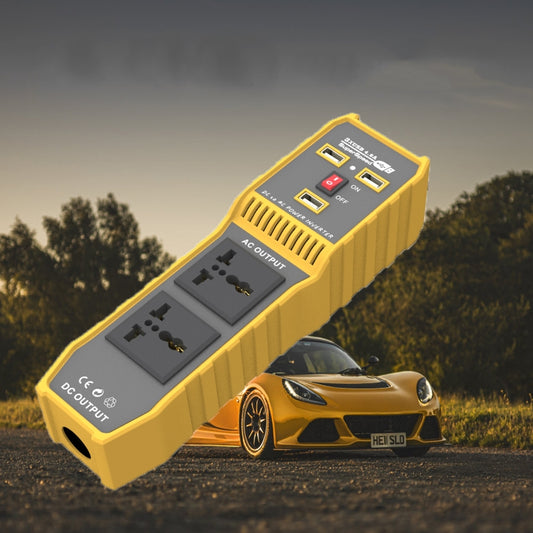 Yellow car power inverter with AC outlets, switch panel, and three USB ports