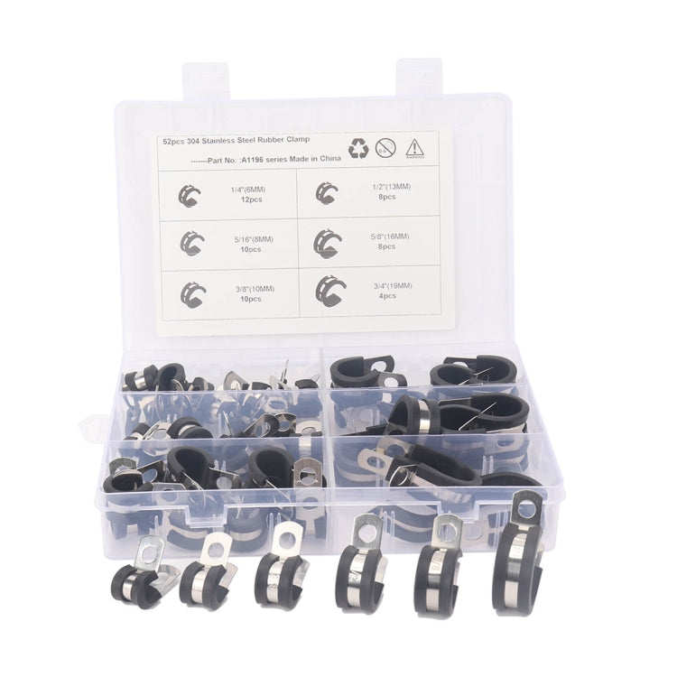 Rubber-lined stainless steel pipe clamp set in plastic organizer box