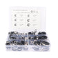 Rubber-lined stainless steel pipe clamp set in clear organizer tray