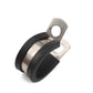 Single rubber-lined stainless steel pipe clamp with metal mounting strap