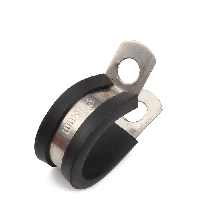 Single rubber-lined stainless steel pipe clamp with metal mounting strap