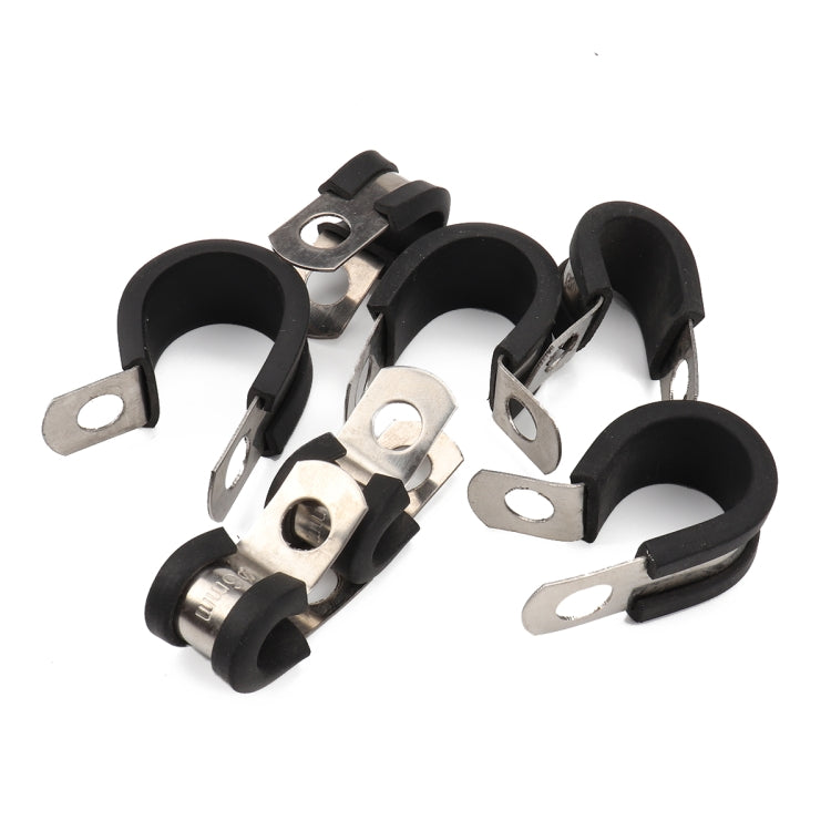 Multiple rubber-lined stainless steel pipe clamps with metal brackets