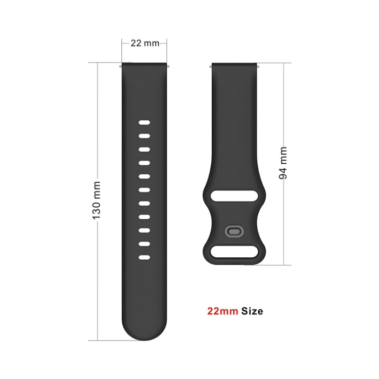 22mm silicone watch band size diagram with perforation holes and internal buckle