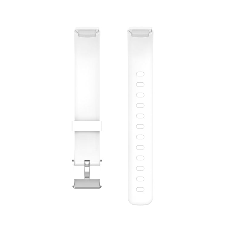 White silicone watch band shown flat with metal buckle and row of size holes