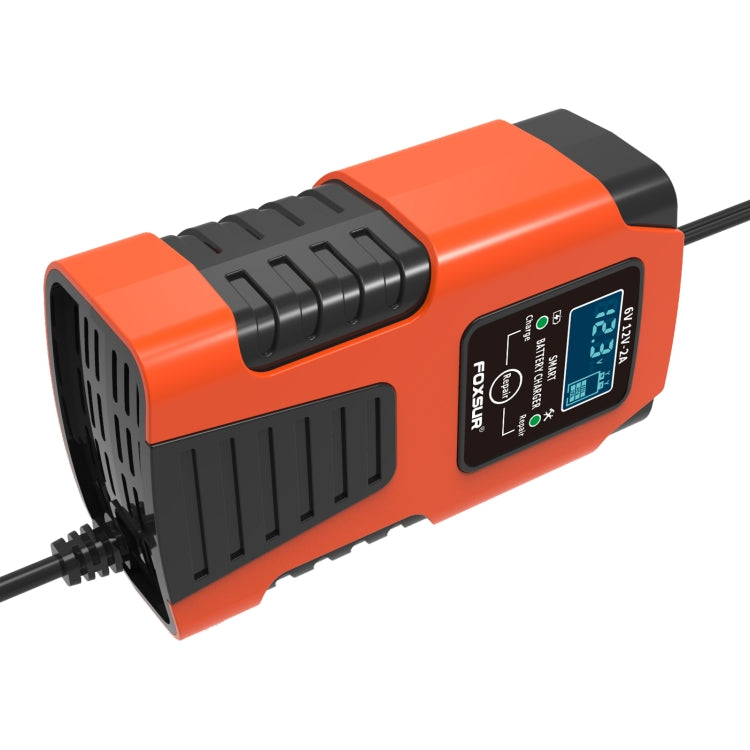 Smart battery charger, orange and black with side vents and attached power cable