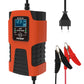 Smart battery charger kit with orange unit, cables, and interchangeable plug adapters