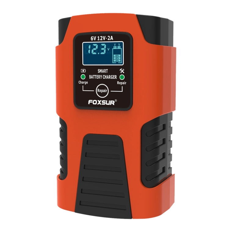 Smart battery charger front view, orange body with LCD screen and vented side panels