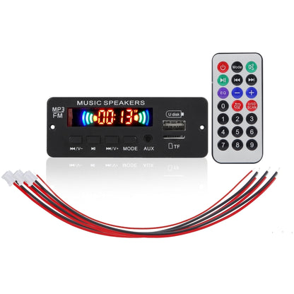 Car audio MP3 decoder board with digital display and FM, AUX, USB controls, plus remote