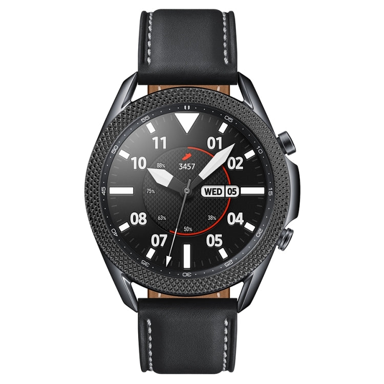 Black smartwatch with rhombus-textured bezel ring and black leather strap