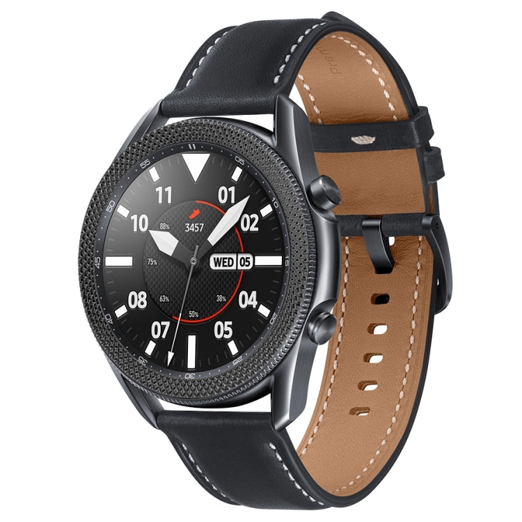 Smartwatch with rhombus-textured bezel ring and tan leather strap