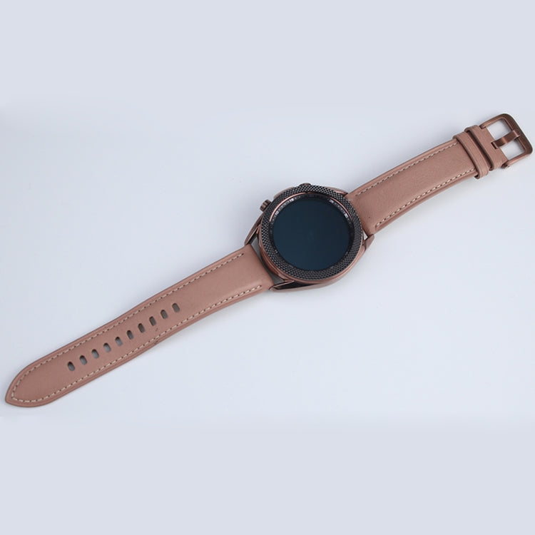 Smartwatch bezel ring with rose-gold texture and tan leather strap