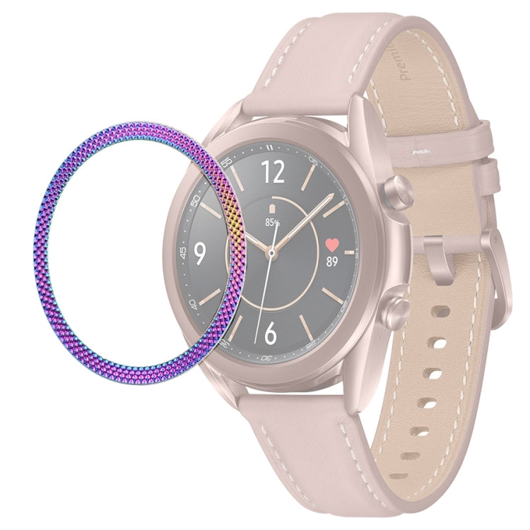 Colorful rhombus-textured smartwatch bezel ring on smartwatch with light pink strap