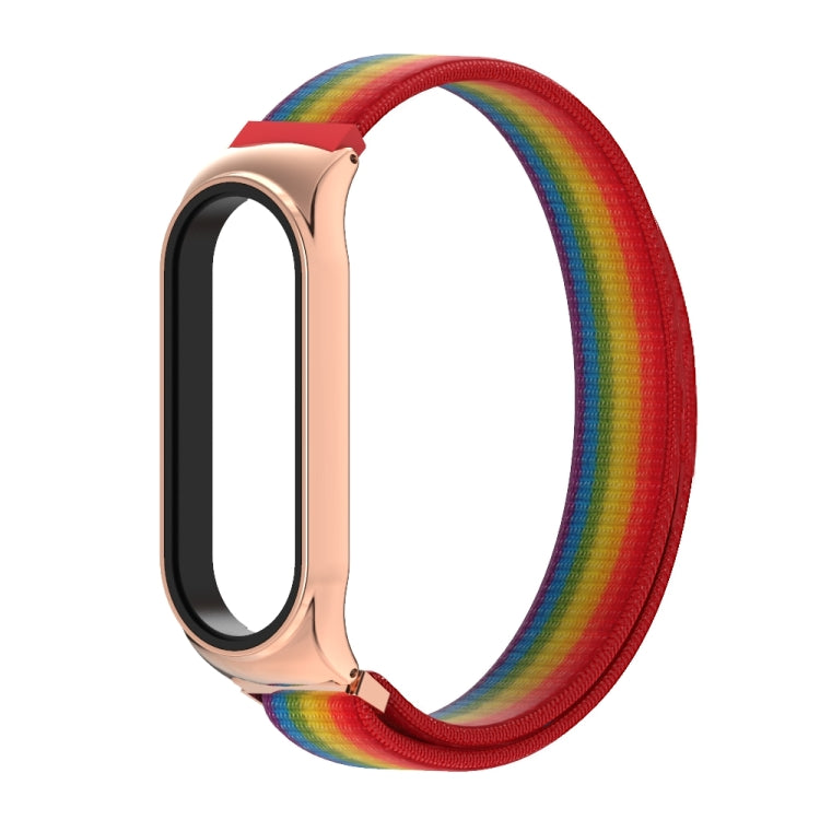 Breathable nylon watch band with rainbow woven strap and rose-gold metal clasp
