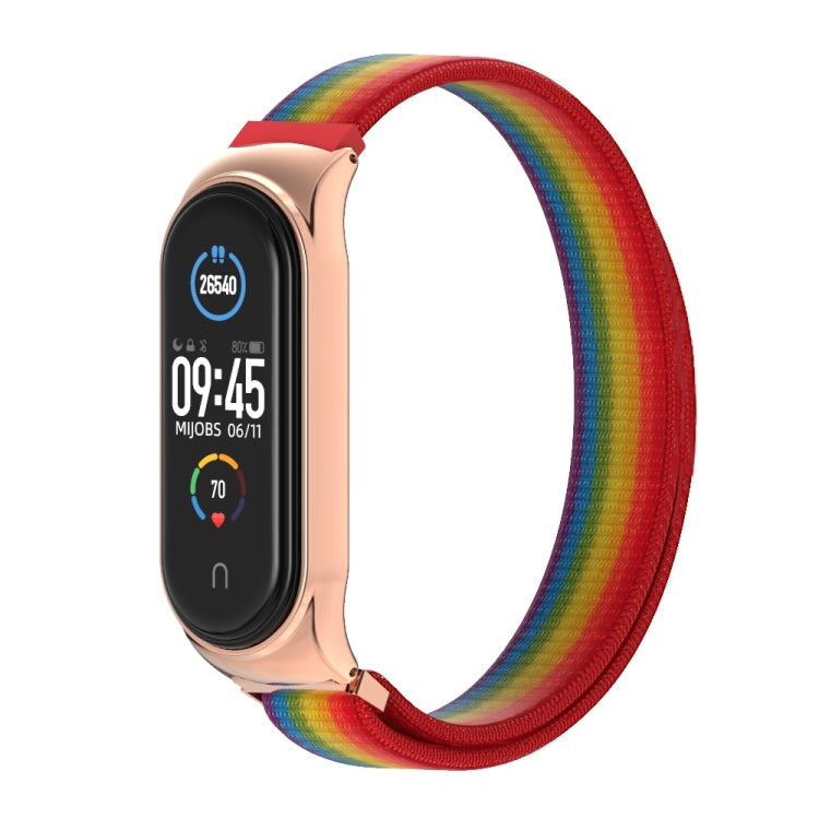 Breathable nylon watch band with rainbow woven strap and rose-gold clasp, smartwatch view