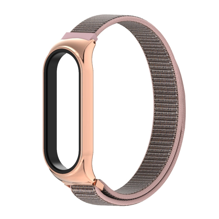 Breathable nylon watch band with gray woven strap and rose-gold metal clasp