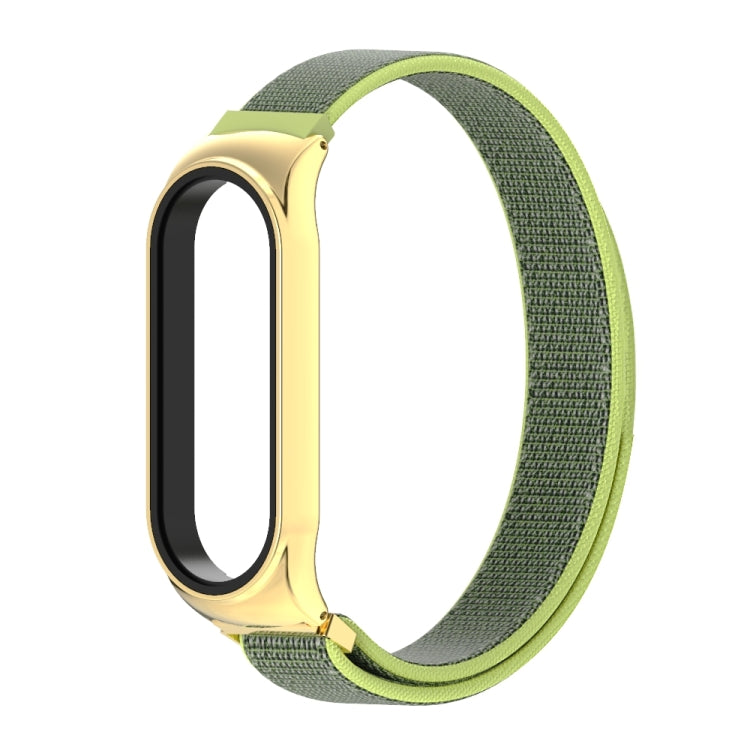 Breathable nylon watch band with green woven strap and gold metal clasp