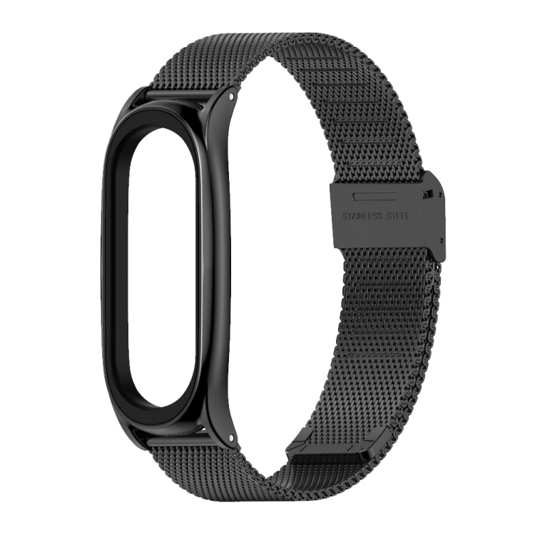 Black stainless steel Milanese watch band with metal clasp and black smartwatch