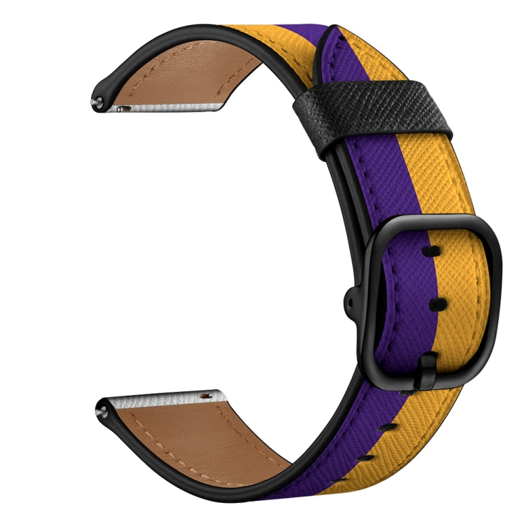 Printed leather-look watch strap, yellow and purple stripes with black buckle and keeper