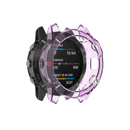 Half-coverage TPU smartwatch protective case in transparent purple, front view