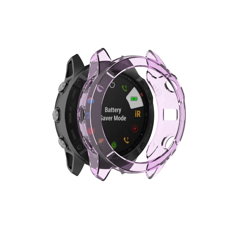 Half-coverage transparent purple TPU case, rear view over smartwatch back