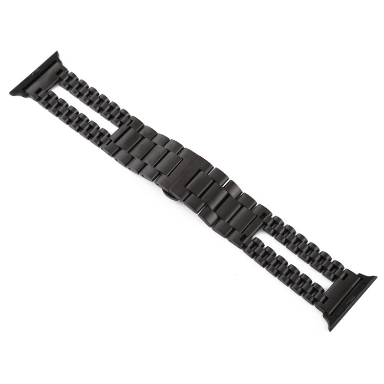 Black stainless steel watchband with interlocking links and rectangular clasp