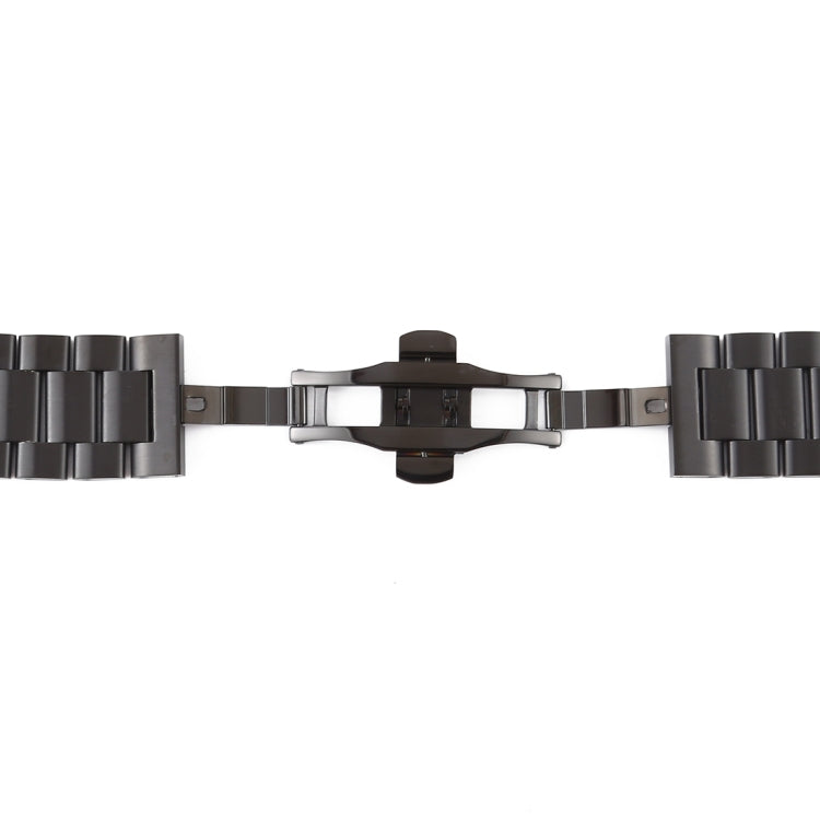 Silver stainless steel watchband laid out with central clasp and link rows
