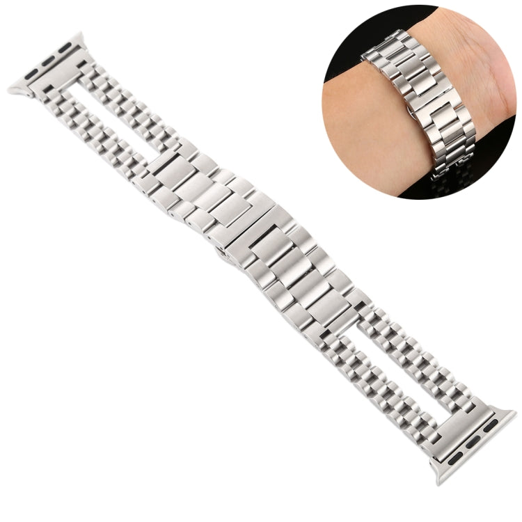 Silver stainless steel Apple Watch link band with clasp and matching end strap
